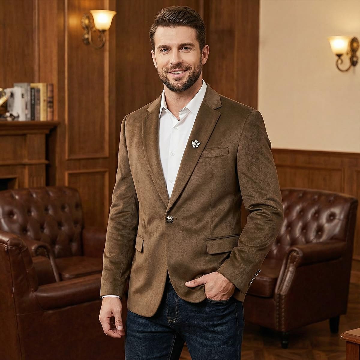 Men's Casual Velvet Blazer for Men one-Button Lapel Tuxedo Jacket with Brooch Dinner Party Wedding Prom - Image 2