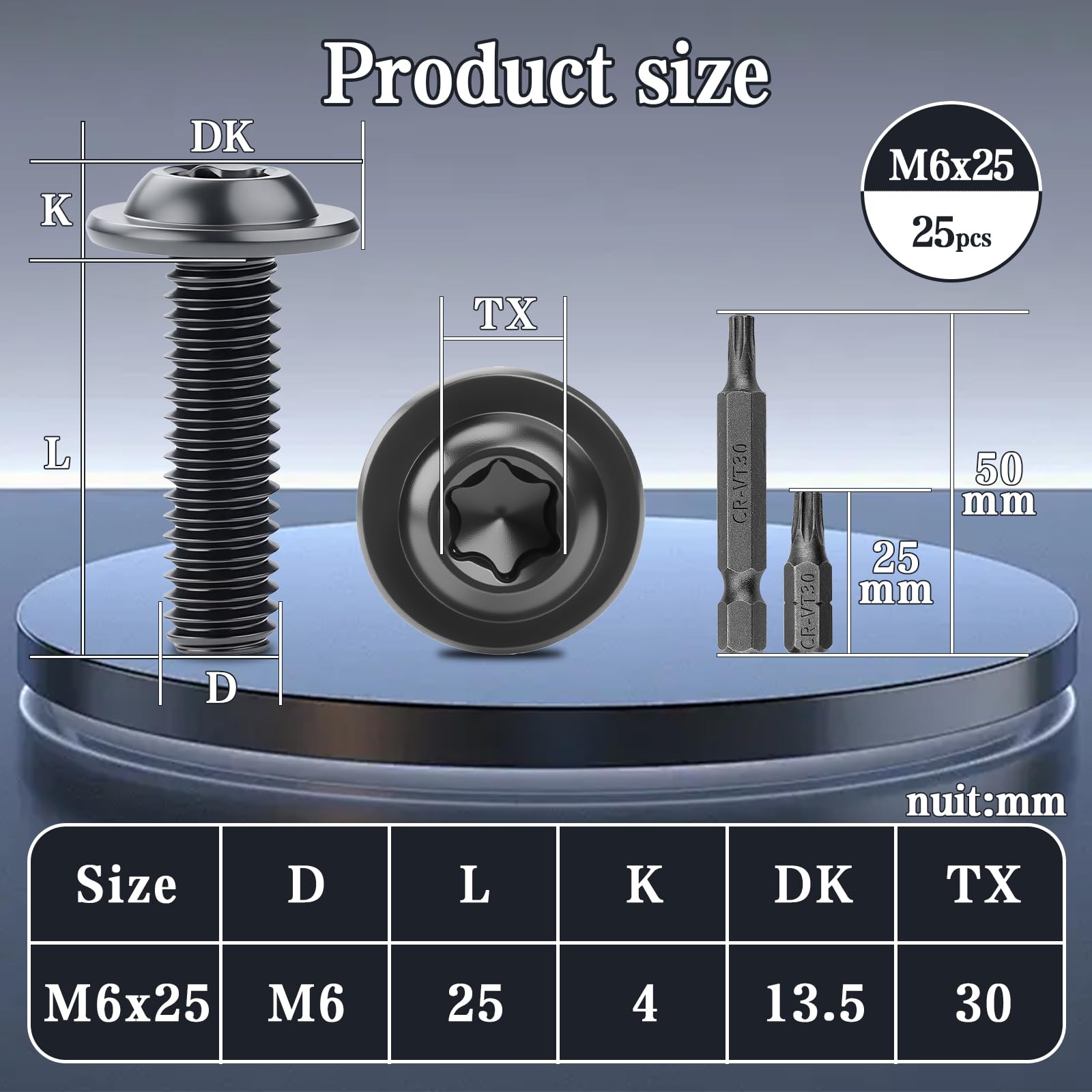25 szt. śrub z łbem soczewkowym, czarne, M6 x 25 mm, śruby z łbem płaskim z kołnierzem, śruby Torx 304, stal nierdzewna z tarczą A2 V2A, śruby gwintowane pełny gwint, tlenek z 2 kluczami T30 Torx do