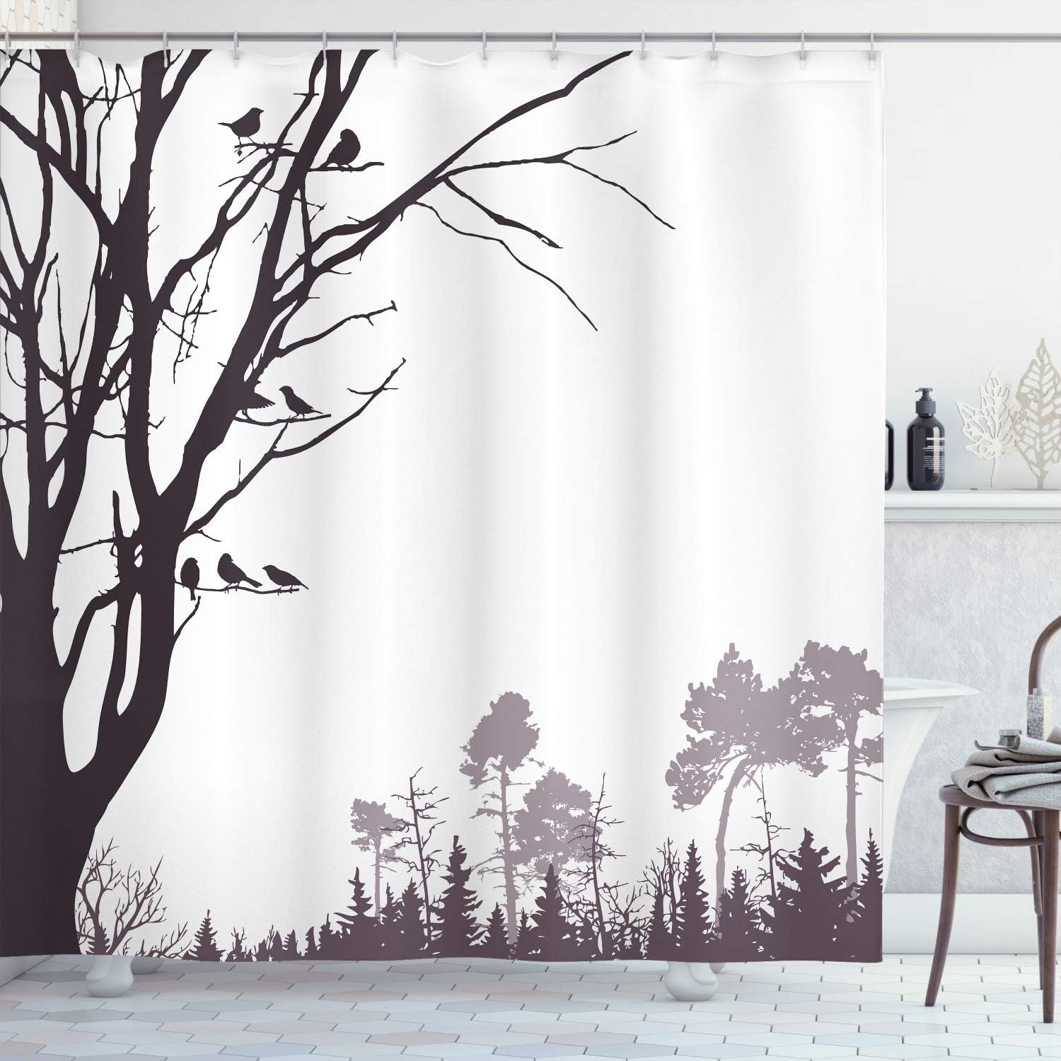 Ambesonne Forest Shower Curtain, Nature Theme The Panorama of a Forest Pattern Birds on Tree Branches Print, Cloth Fabric Bathroom Decor Set with Hooks, 70" Long, Dark Purple
