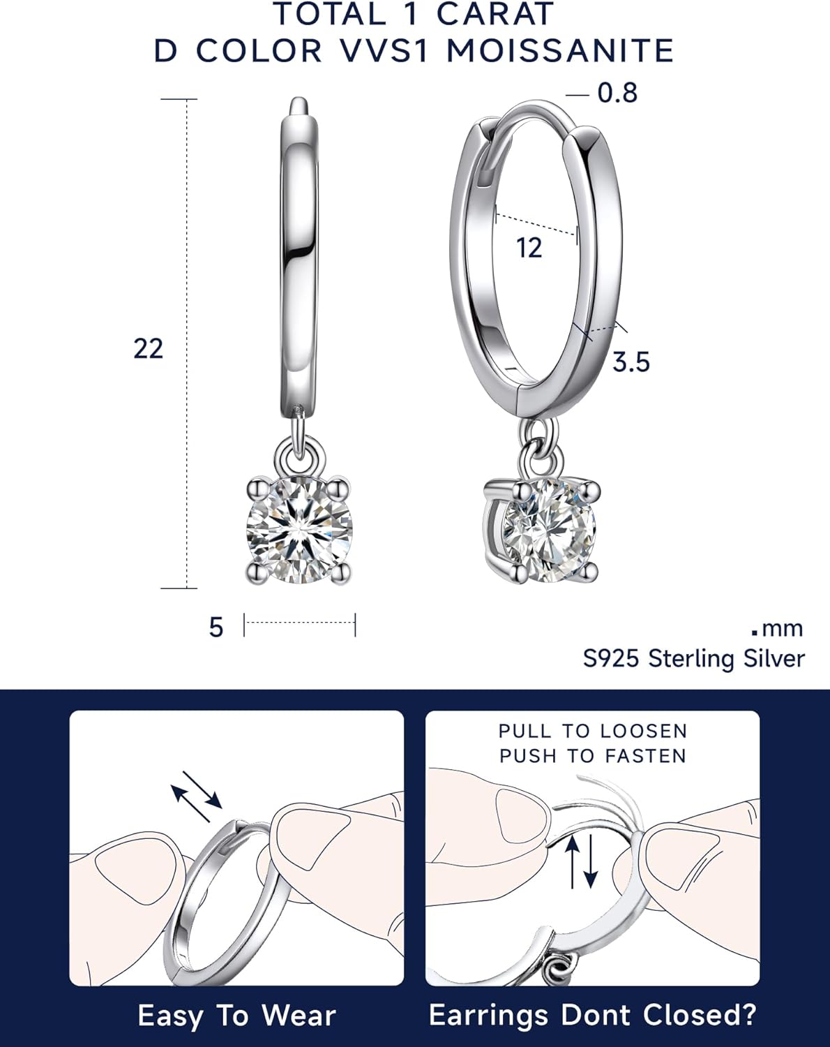 MomentWish Dangle Earrings for Women-925 Sterling Silver Moissanite Earring, Women's Gift for Valentine Birthday, D Color VVS1 Dancing Moissanite Hoops