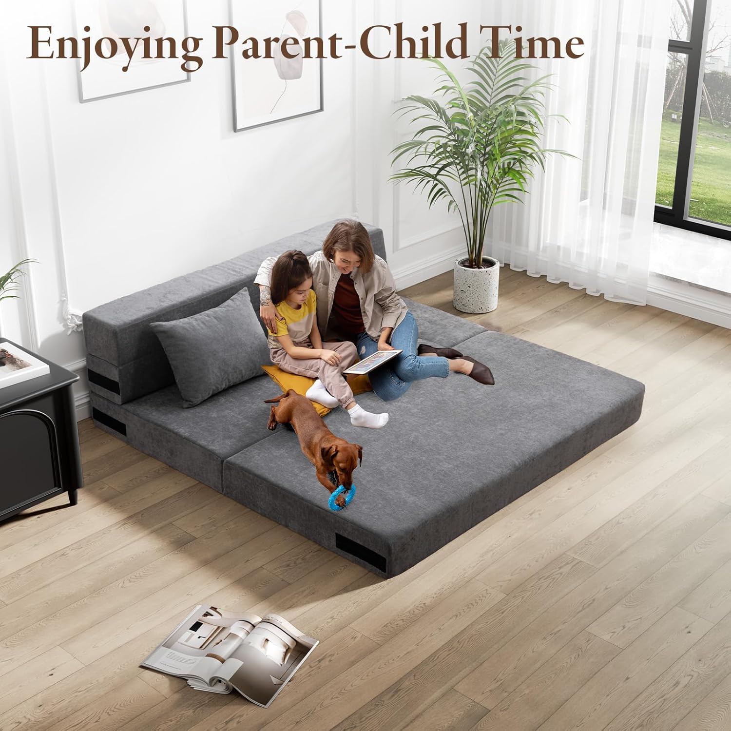 HOMFINE Folding Sofa Bed - Convertible Sleeper Chair with Pillow, Fold Out Couch, Memory Foam Floor Mattress, Futon Couch, Lazy Sofa for Living Room/Dorm/Guest Room/Home Office, Grey, Queen Size