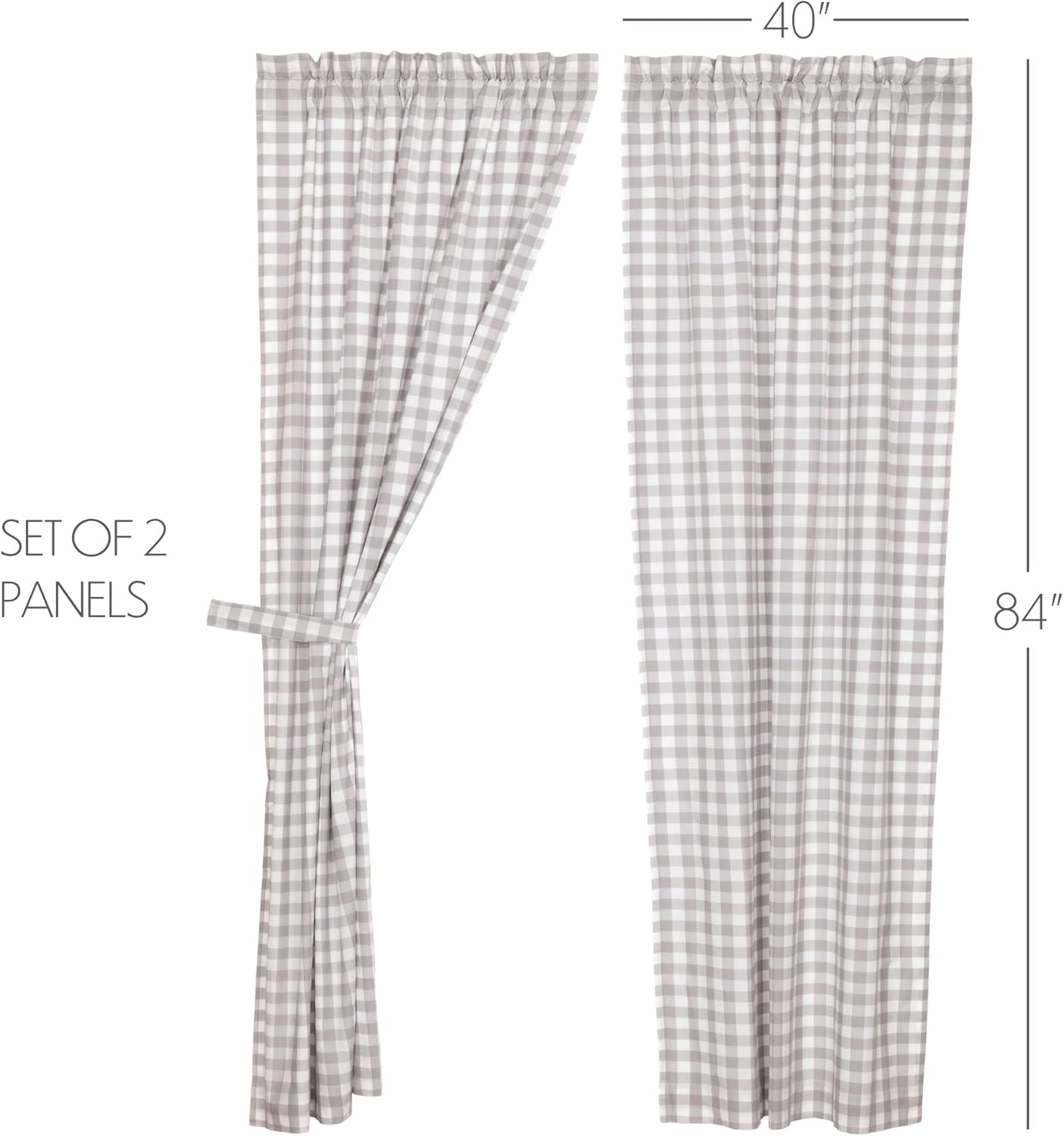 VHC Brands Farmhouse Window Annie Buffalo Check White Lined Curtain Panel Pair, 84x40, Grey