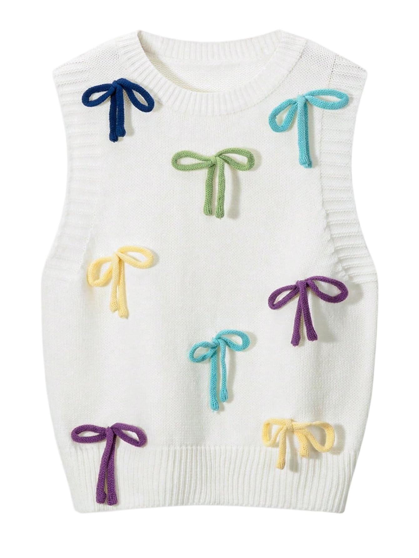 WDIRARA Womens Colorful Bow Sweater Vests Crew Neck Sleeveless Knit Tank Tops