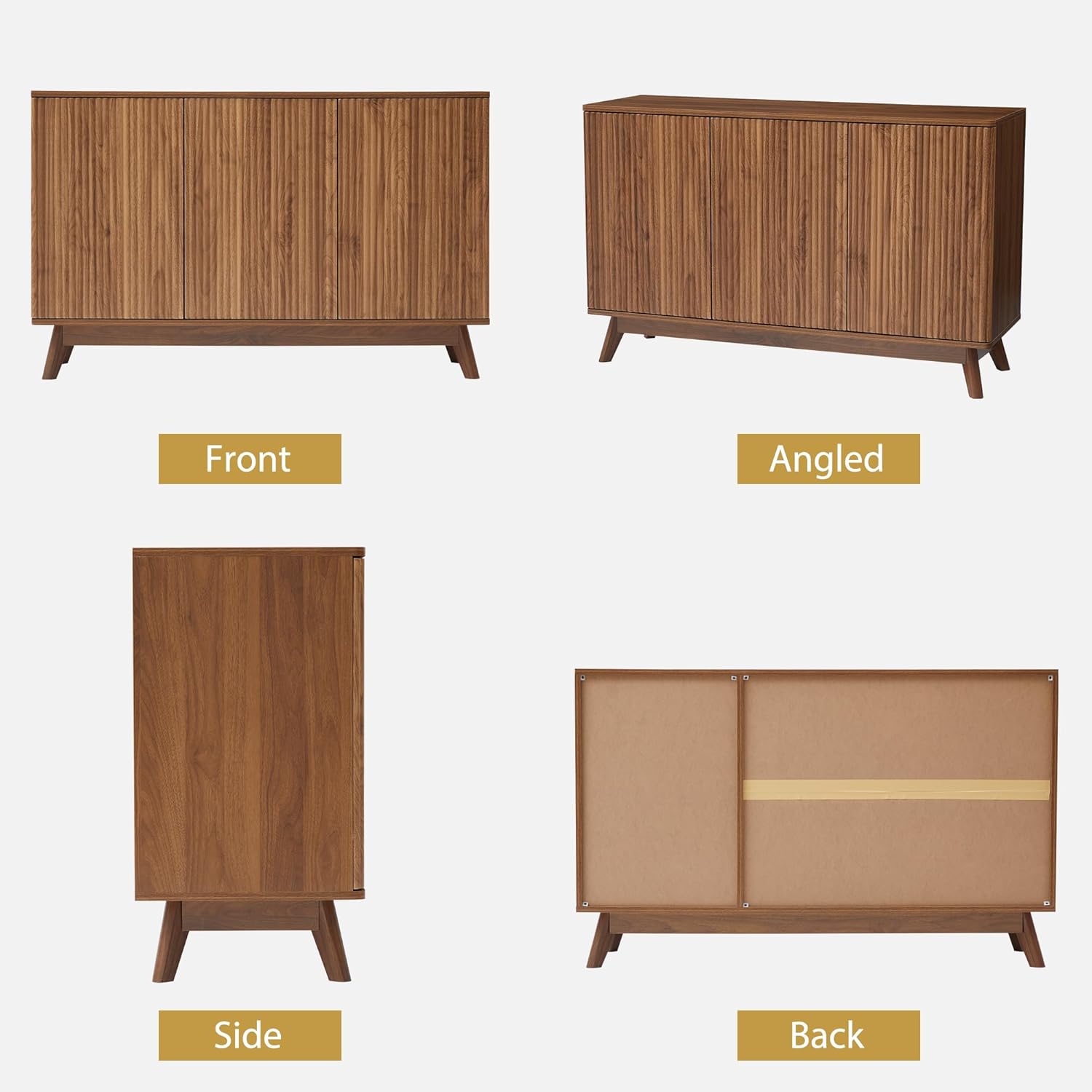 Fluted Sideboard Storage Cabinet with 3 Doors and Shelves, Mid Century Modern Accent Buffet Cabinet with Storage, Credenza Sideboard Buffet for Kitchen, Dining Room, Entryway, Under TV - Walnut