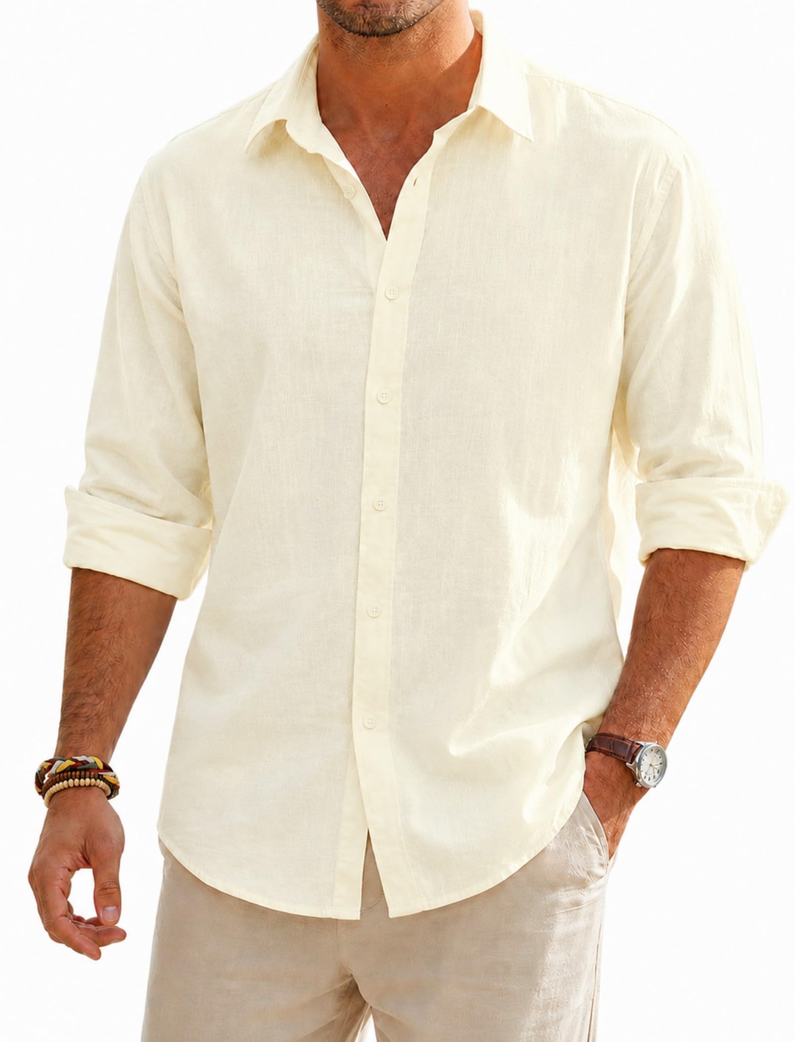 SEAYIJIA Leinenhemd Herren Langarm Baumwolle Leinen Hemden Freizeithemden Casual Strandhemd Regular Fit Sommerhemd