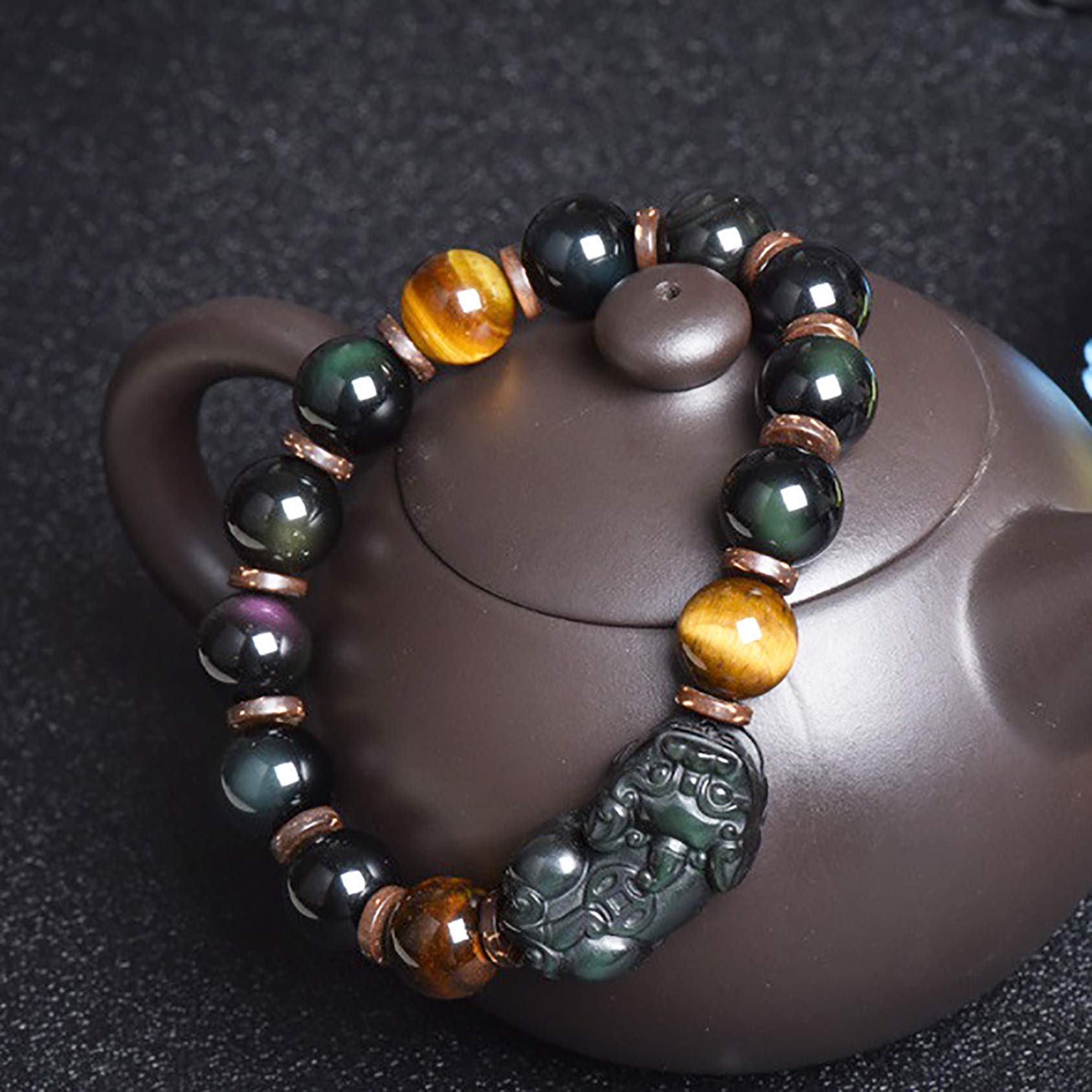 Bracciale Ossidiana Pixiu Con Perle Vermilion – Bracciale Amuleto Feng Shui Per Ricchezza, Fortuna E Prosperità