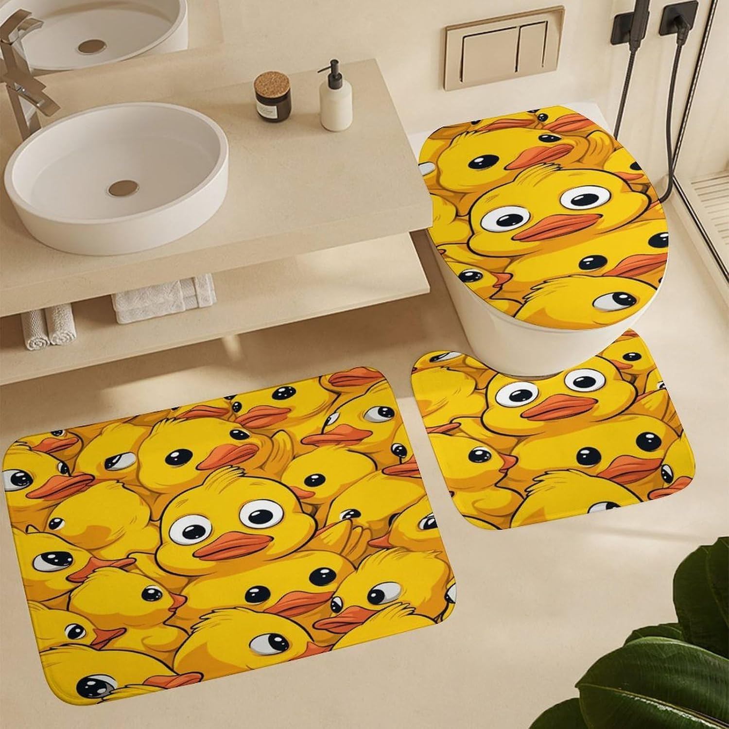 Yellow Duck Funny 4 PCS Bathroom Set with Shower Curtain Rugs, Ultra Soft Coral Fleece Bath Mat, U-Shaped Rug, Toilet Lid Cover, 72" X 72"