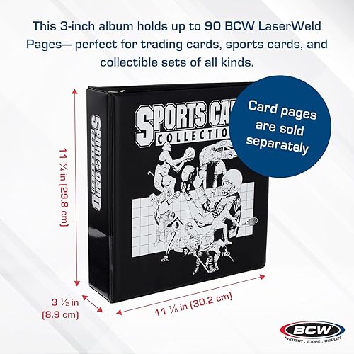 Miniatura 3 de BCW Carpeta para álbum de tarjetas deportivas de 3 pulgadas, carpeta de tarjetas con anilla en D negra duradera con capacidad para 90 páginas