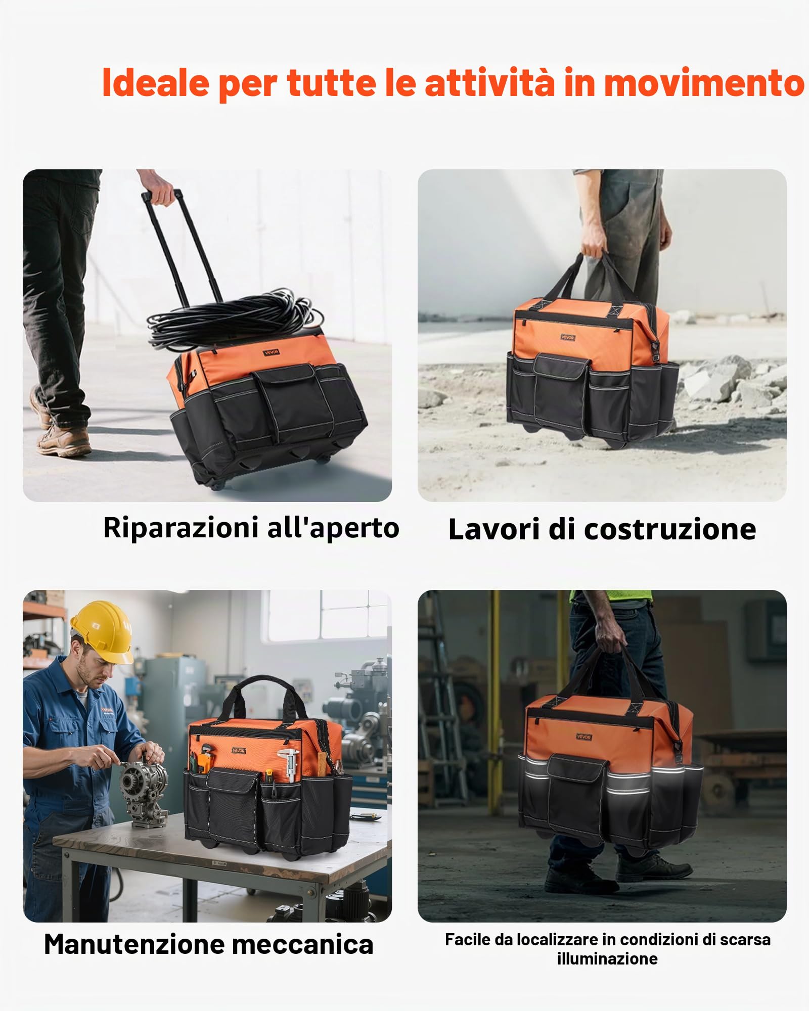 VEVOR Zaino Portautensili con Ruote, Capacità 50 kg, Borsa Portautensili con Ruote da 27 Tasche, Maniglia Telescopica Regolabile e Base Stabile, Organizzatore per Borse per Edilizia, Meccanico
