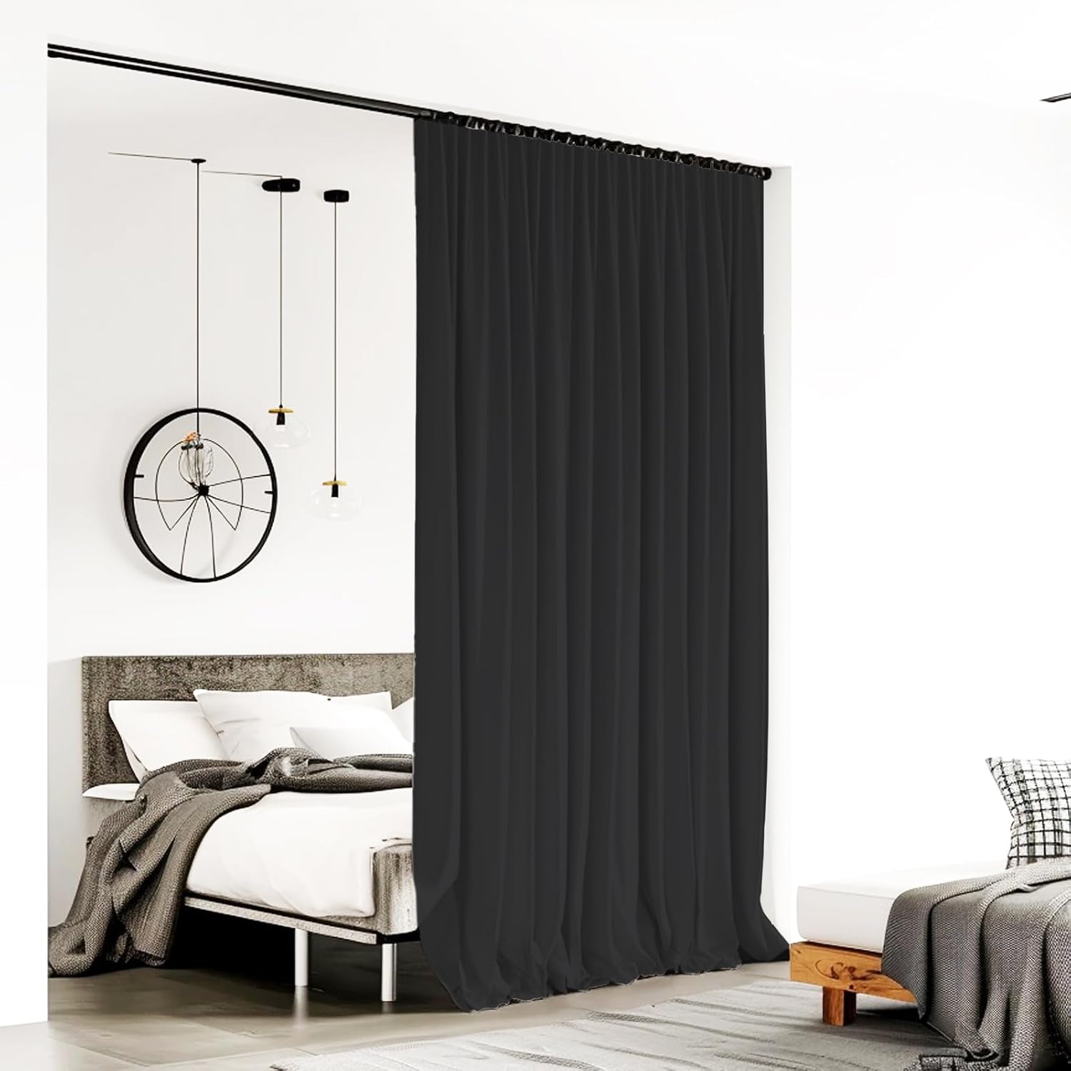 Room Divider Curtains for Ceiling Track Rod, Blackout Ceiling Track Curtains with Hooks Noise Reduction Privacy Curtain for Wall Ceiling Mount Track, 8.3 ft Wide x 7 ft Tall, Black, 1 Panel - Image 2