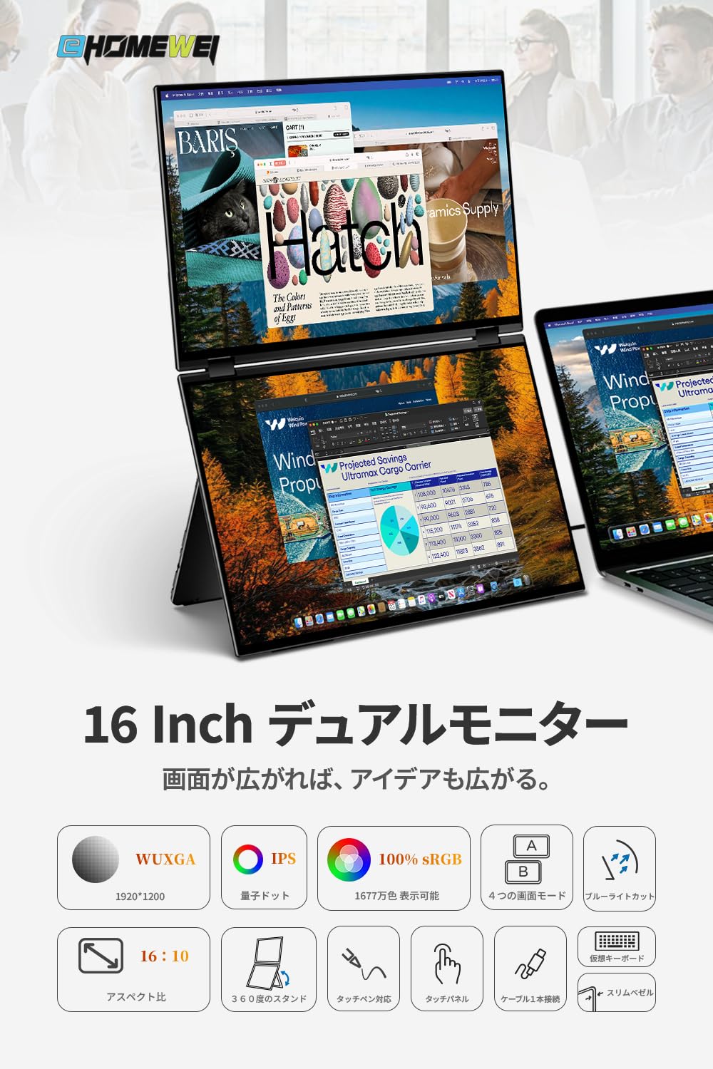 Amazon.co.jp: EHOMEWEI デュアルモニター 16インチ IPSパネル 2画面