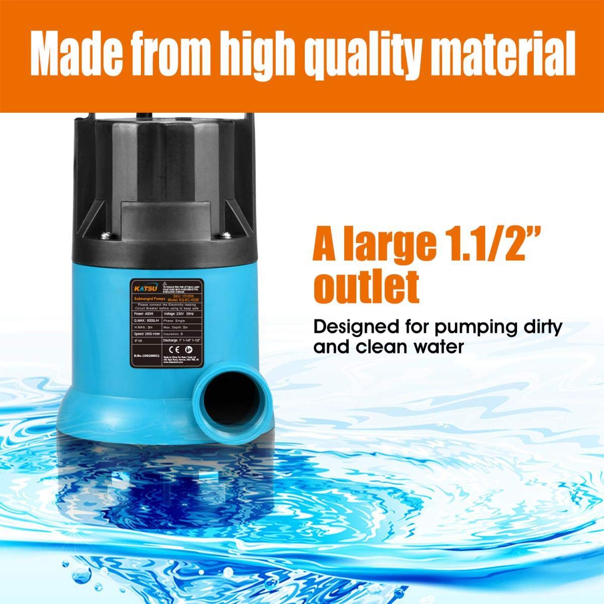 KATSU Pompa sommergibile portatile da 400 W per acqua pulita e sporca per laghetti da giardino, piscine e fossati + interruttore galleggiante