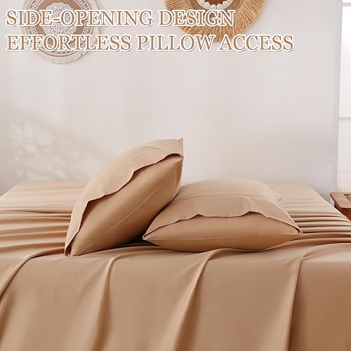 Miniatura 4 de Juego de sábanas de 100 % algodón tamaño King con sábana bajera de bolsillo profundo de hasta 16 pulgadas, sábana de lujo de 400 hilos, suave y