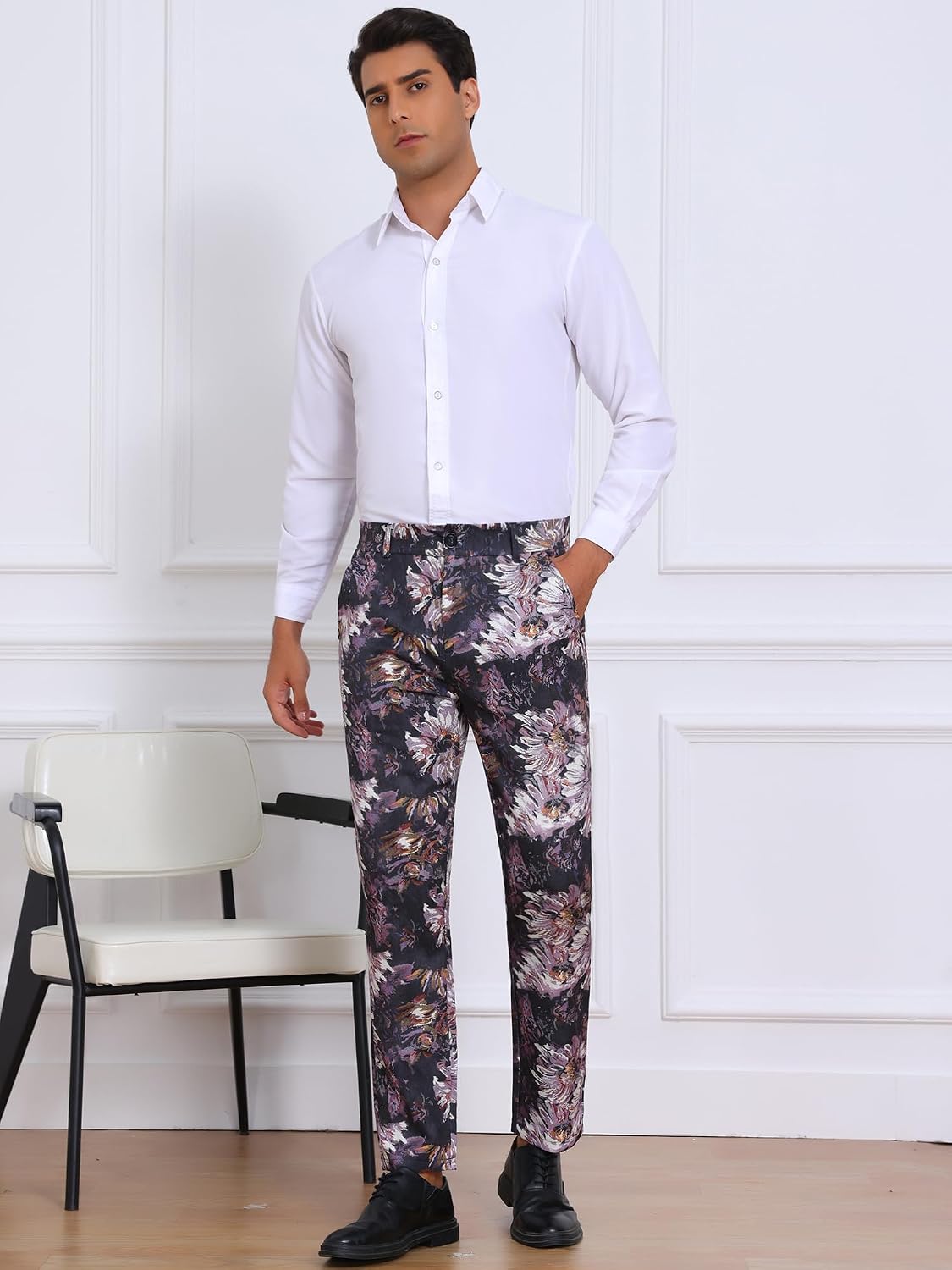 Lars Amadeus Floral Pants for Men's Pattern Trousers Straight Leg Flat Front Flower Printed Pants