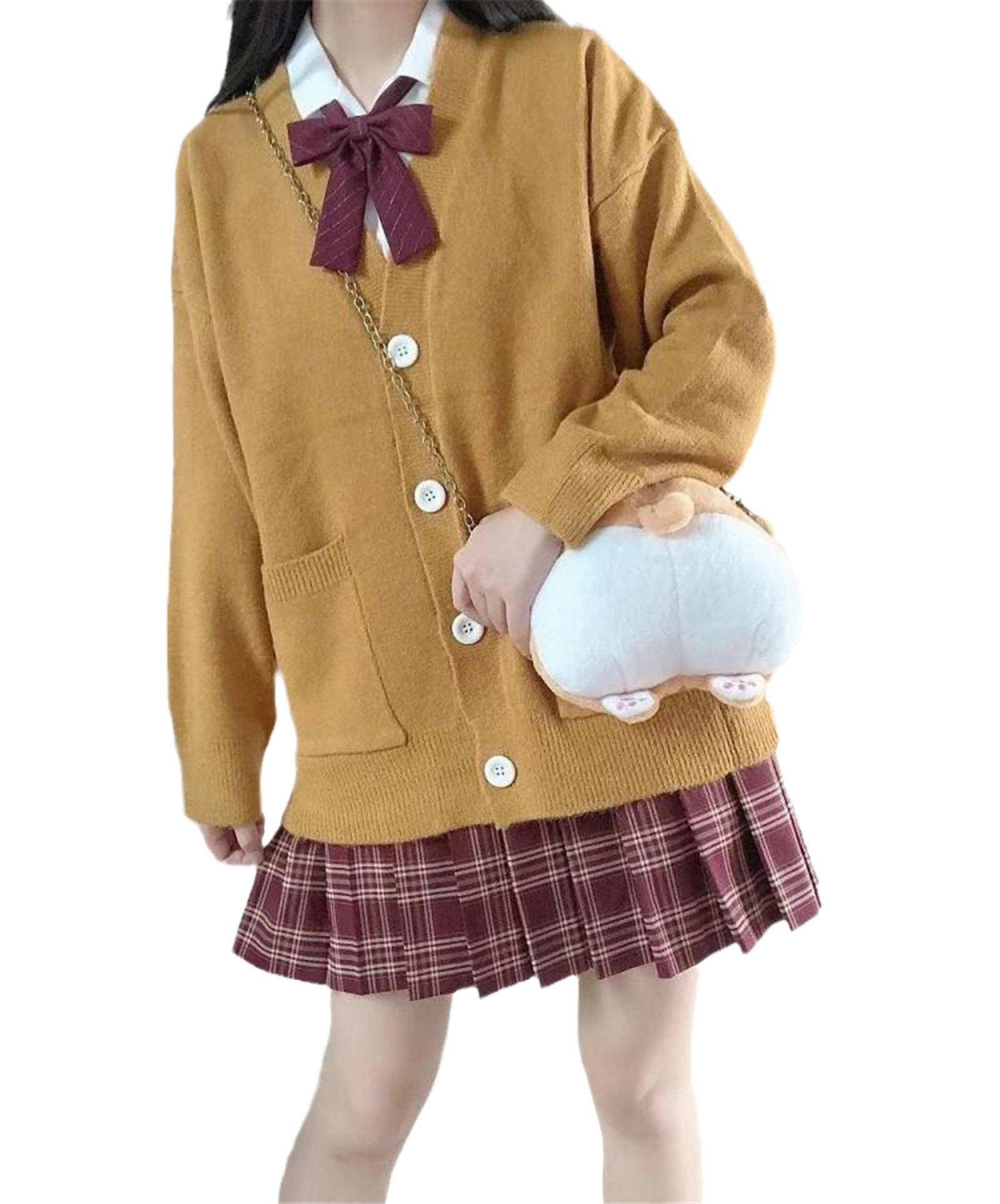 Txyjjp Women's Yellow Japanese Cute Kawaii Knitted Cardigan Sweater Cosplay Long Sleeve Button Down Jk School Uniform Jacket