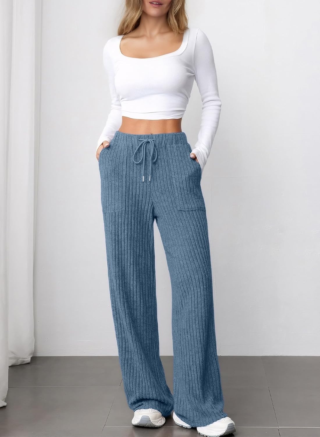 Aleumdr Womens Ribbed Wide Leg Lounge Pants with Pockets Casual Relaxed Comfy Loose Soft Knit Pajama Pants with Drawstring - Image 4