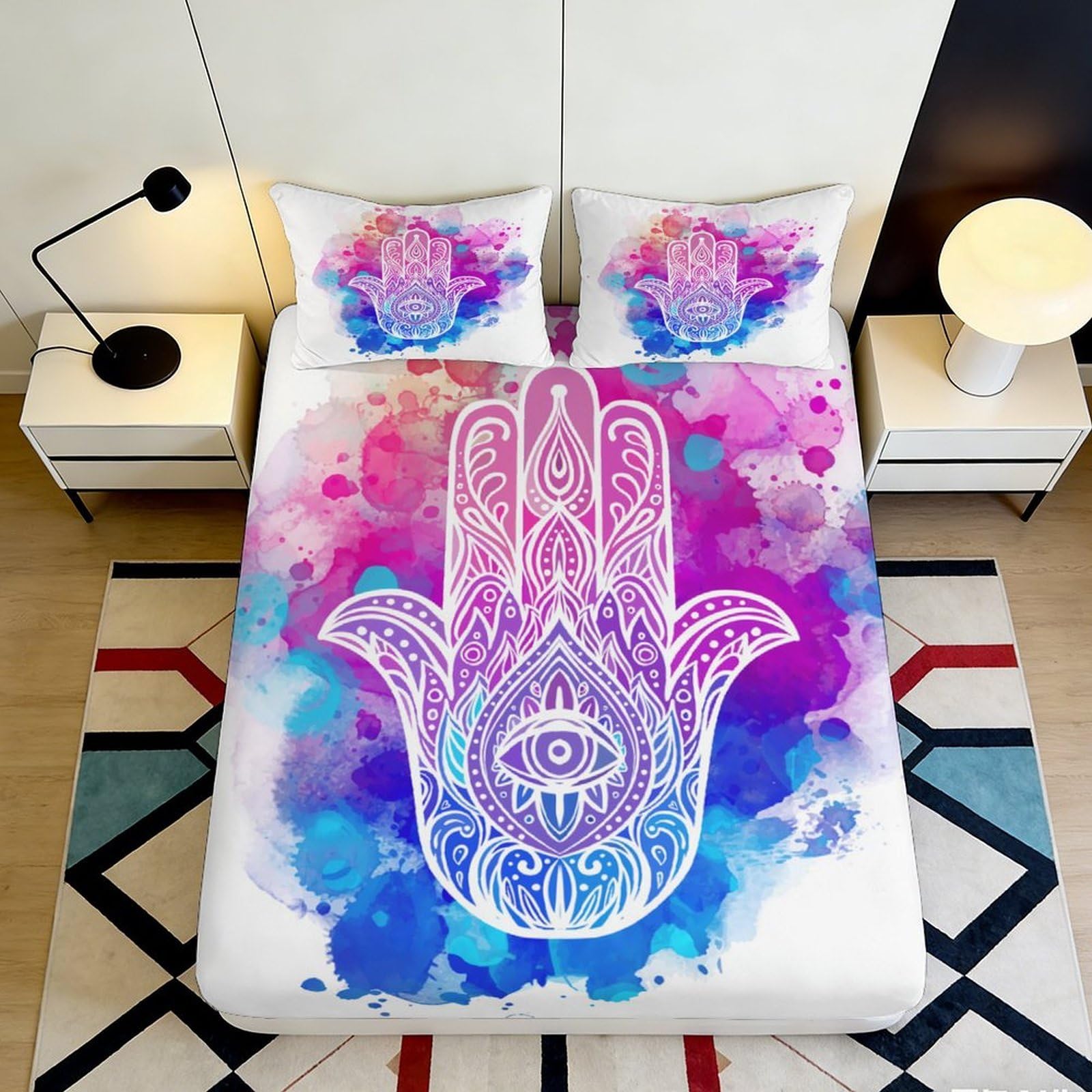 3D Printed Hamsa Hand Fitted Sheet Microfiber Boho Watercolor Eye Mattress Cover for Bedroom Dorm Decor 140x200x25cm