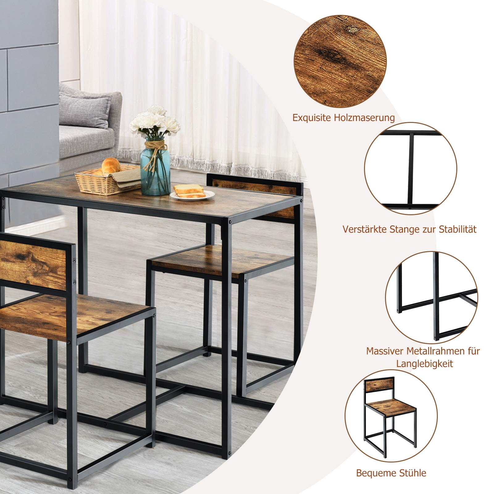 COSTWAY Bartisch Set 3-teilig, Esstisch mit 2 Stühlen, Kleine Essgruppe mit Metallgestell, Küchenbar Sitzgruppe, Küchentisch Stehtisch Holz, Bistrotisch für Küche, Esszimmer und Bistro (Antik)