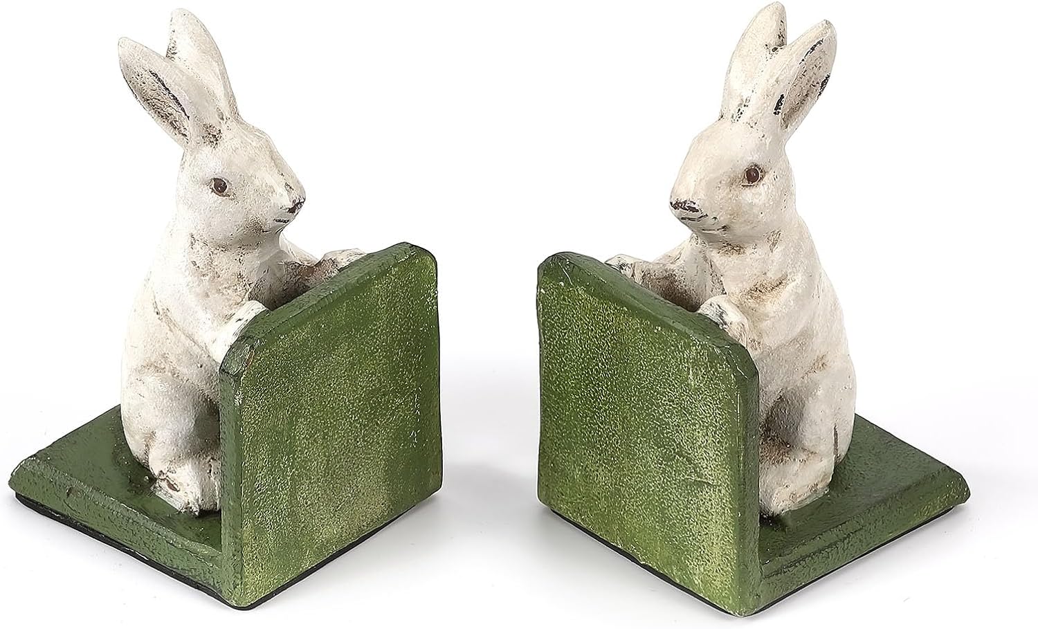 Rabbits Book Ends for Shelves, Cast Iron Decorative Book Ends for Heavy Books, Cute and Unique Bunny Bookends, Antique White