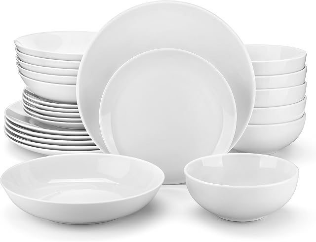 MALACASA Dinnerware Sets, 24-Piece Gourmet Porcelain Plates and Bowls Sets, Modern Round Dish Set for 6, Premium Serving Plate Set for Dessert, Salad, Soup, Pasta, Series Amelia