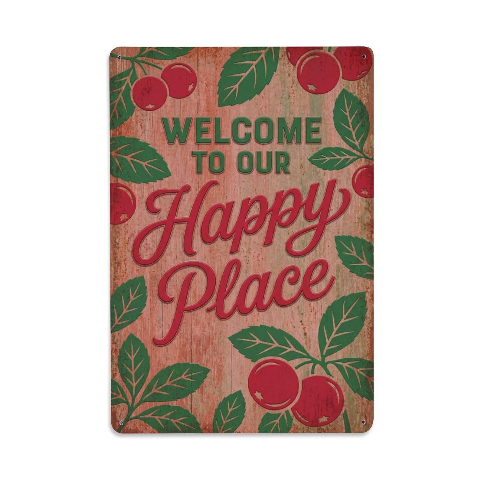 Okngb Style Turquoise Gem Welcome Happy Place Worn Texture Frame Metal Tin Sign Plaque Wall Decor For Cafe, Man Cave, Club Bar, Office, Home Garden Round Metal Poster 8X12inch