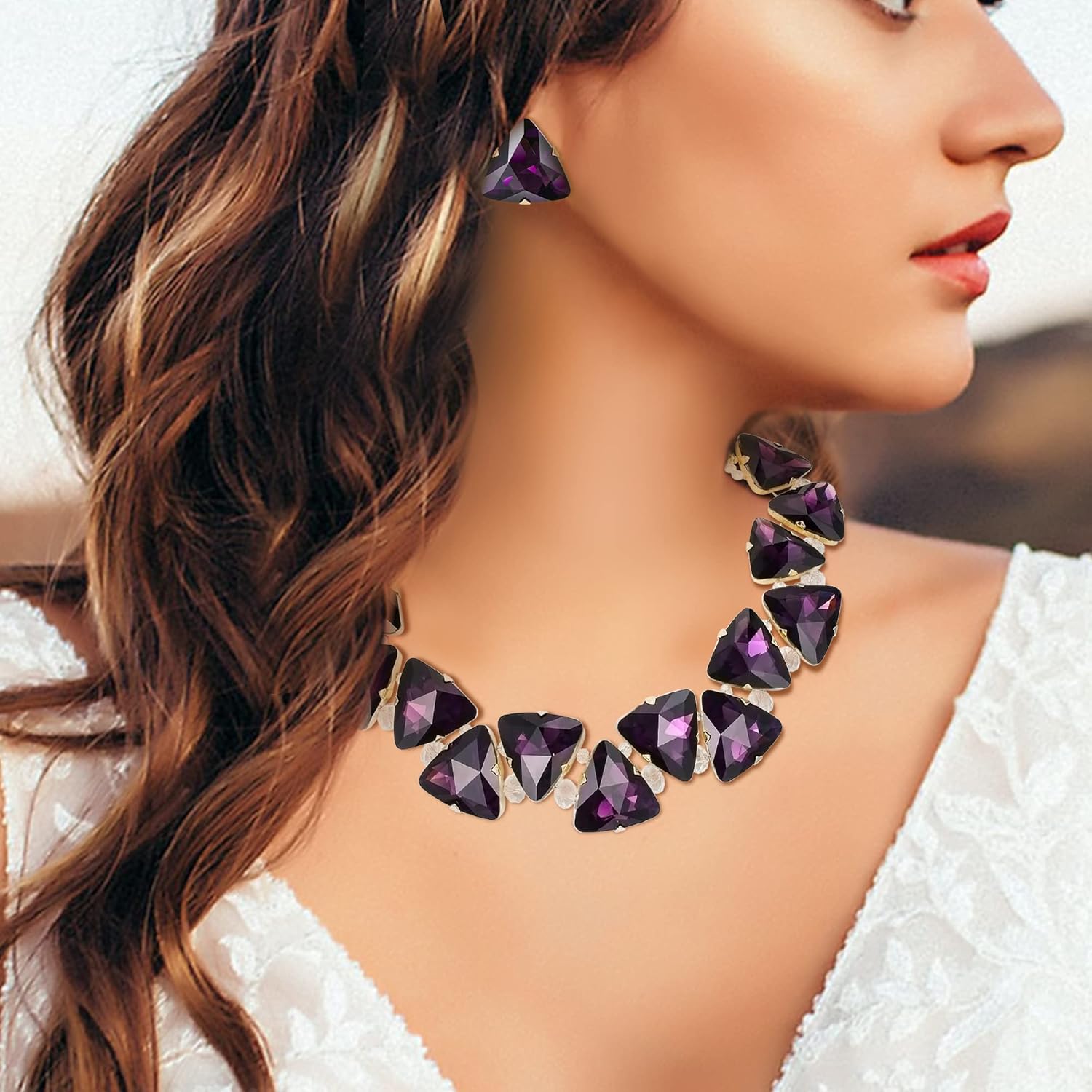 BriLove Art Deco Sparkly Triangle Statement Necklace Earrings Set for Women