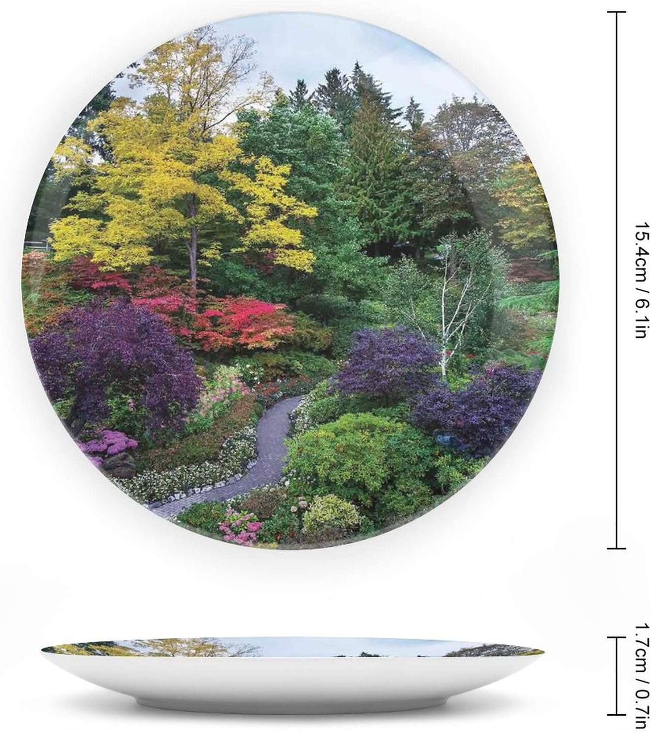 XISUNYA 8 Inch Decorative Plate, Country Decor Round Porcelain,Famous Park Butchart Gardens Colorful Flowers Leaves Print Ornament Display Plate Handmade Plate Wedding Christmas Thankgiving Gifts