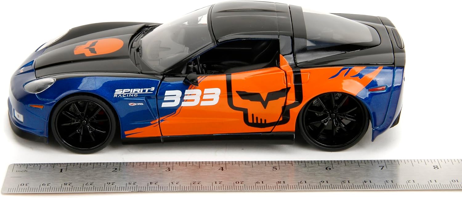 Jada Toys Bigtime Muscle 1:24 2006 Chevy Corvette Z06 Die-cast Car – Opening Doors, Hood, Trunk, Rubber Tires(Metallic Blue/Orange)