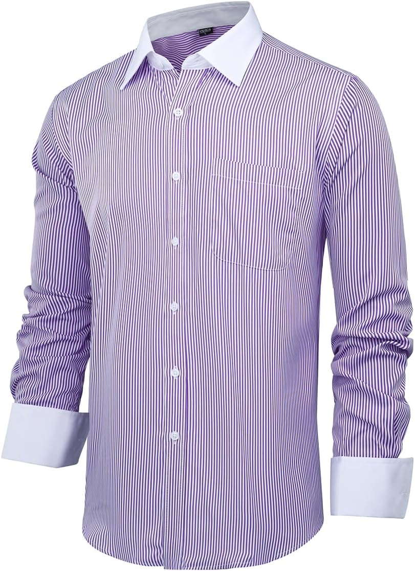 Cloudstyle Men's Dress Shirt Slim Fit Button Down Stripe Checked Shirt - Image 3