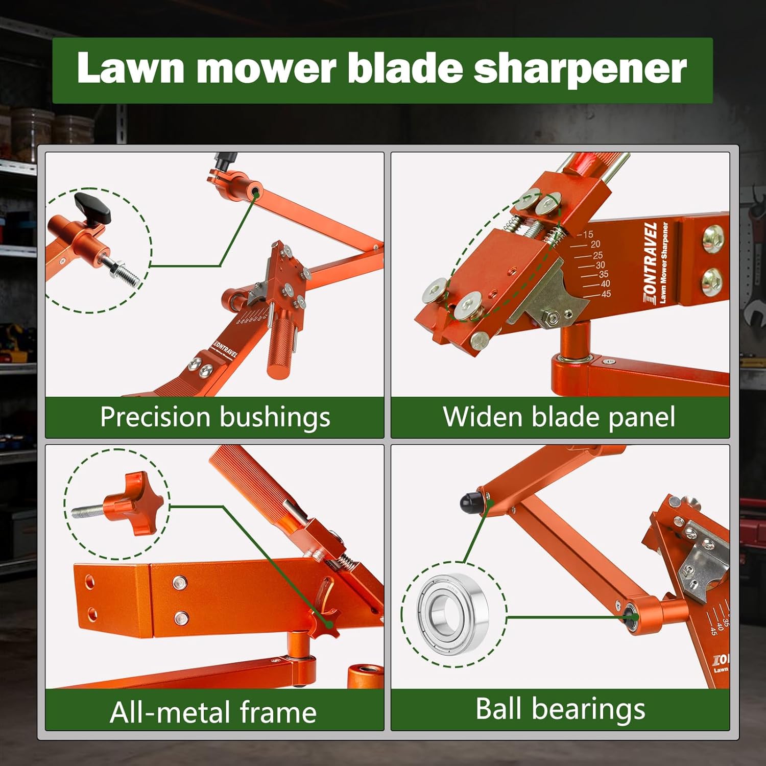 Lawn Mower Blade Sharpener Kit - Includes Model 5005 Blade Sharpener, Metal Blade Balancer & Quick-Install Clamp - for Right & Left Hand Mower Blades (Orange)