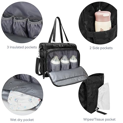 Miniatura 4 de Mochila convertible 4 en 1 para papá, mochila de pañales color negro camuflaje para papá y mamá, bolsa de padre para el hospital con impresión de