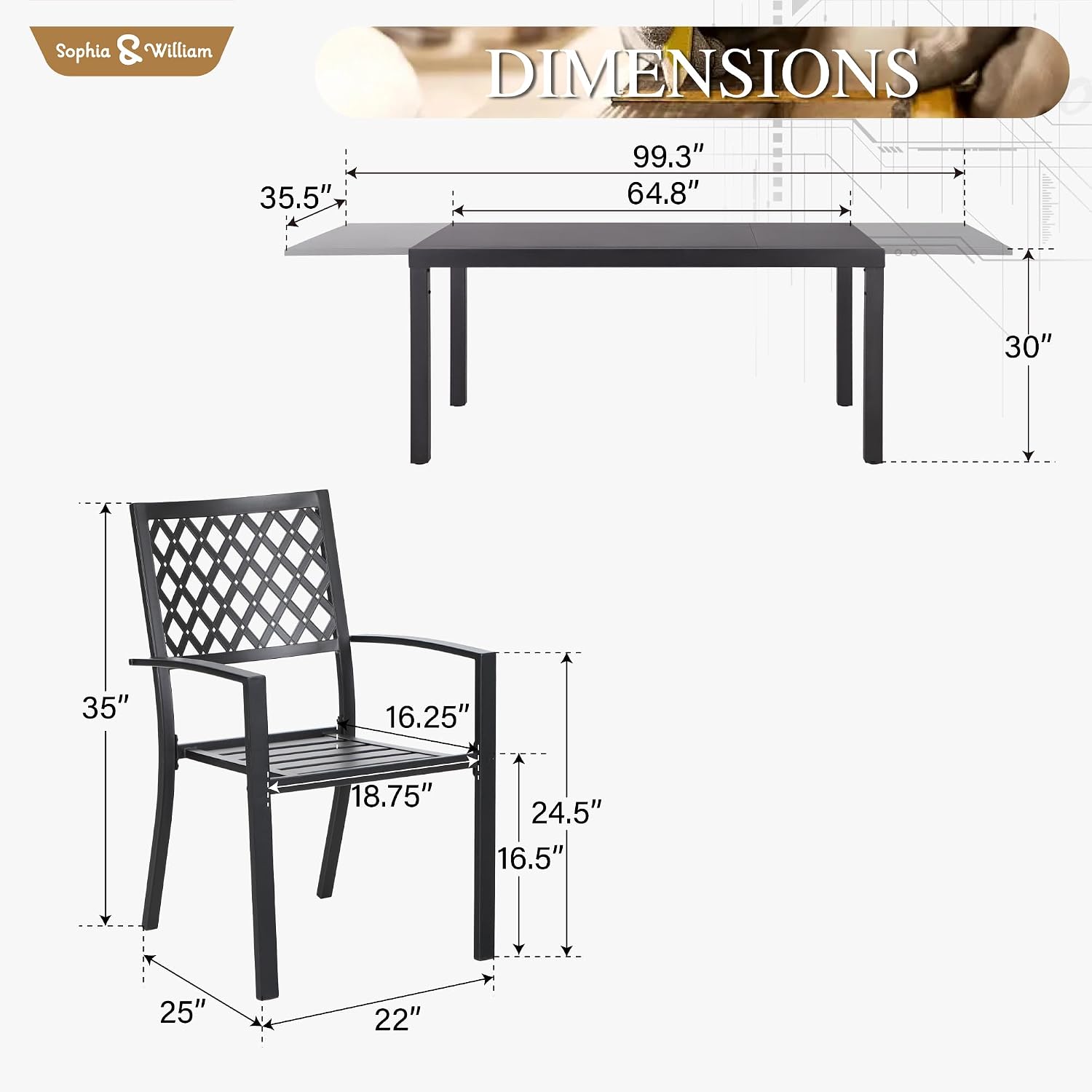 Sophia & William Patio Table and Chairs Set, Outdoor Dining Set for 8, 9 Piece Metal Patio Furniture, 99" Expandable Black Rectangular Table(Diamond)