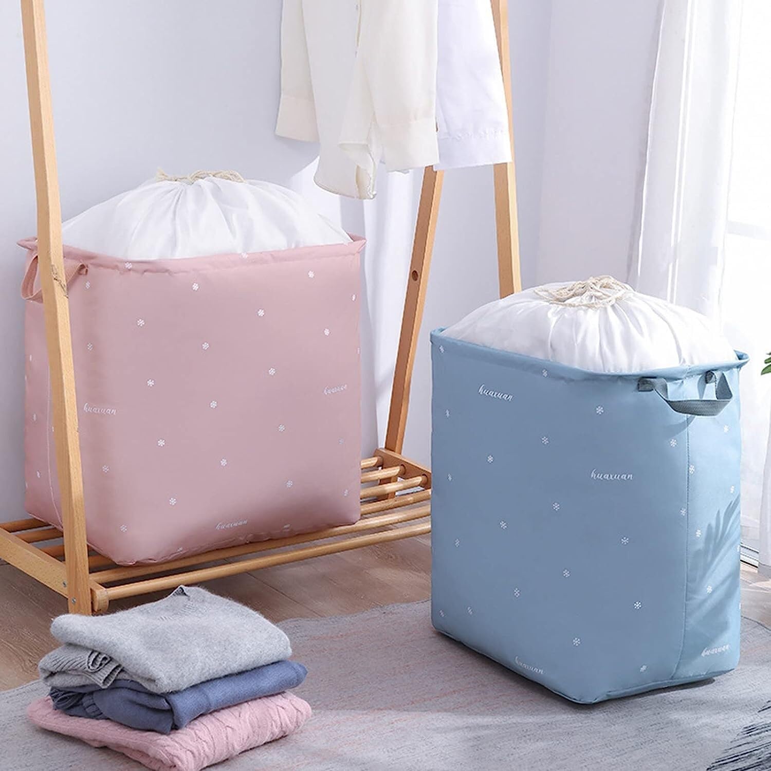 Bolsas Almacenaje Ropa Bolsa De Almacenamiento De Edredón con Asa Reforzada Armario con Cordón Impermeable Organizador Armario para Edredones(G,43 * 33 * 50cm)