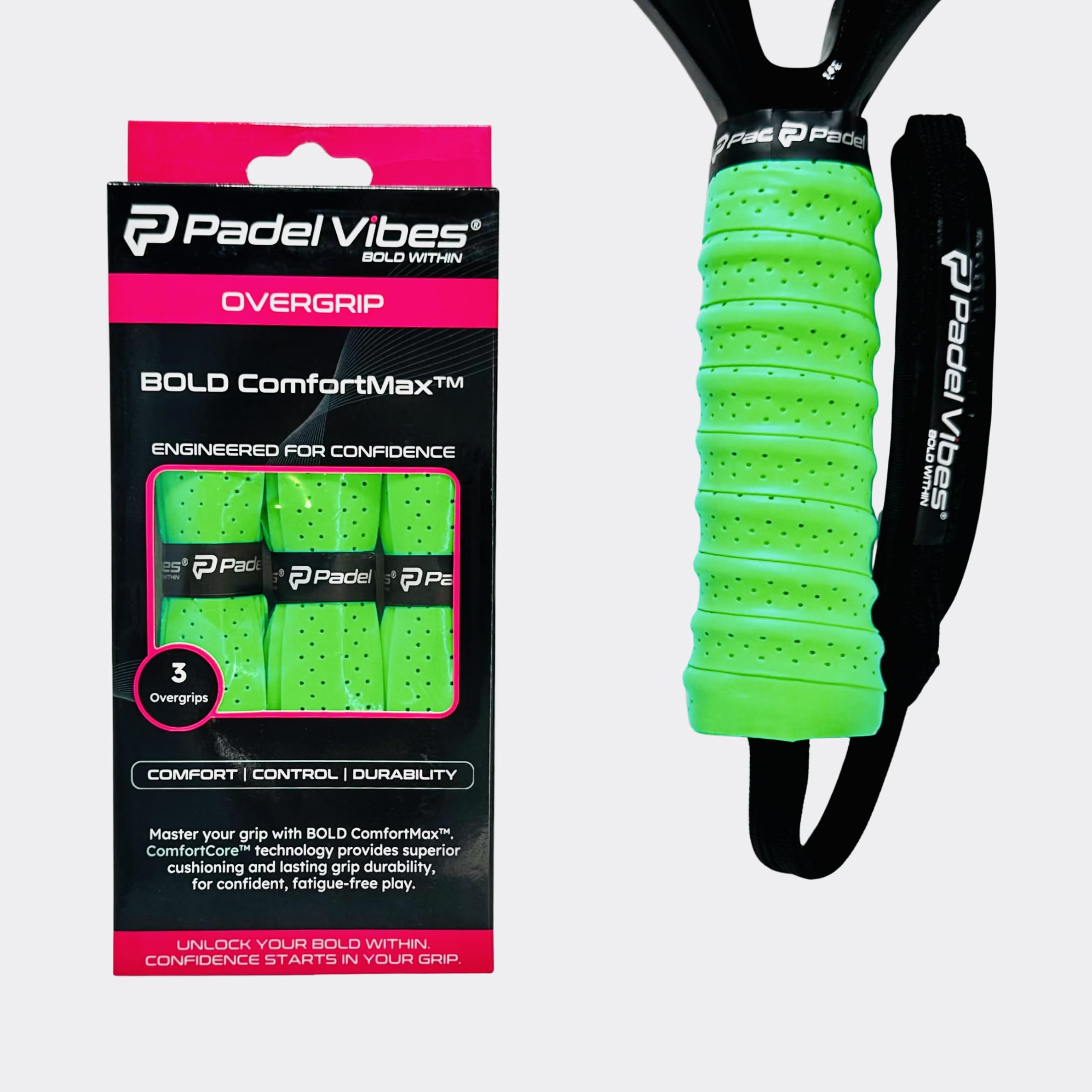 Padel Vibes® ComfortMax™ Padel Overgrips | Cushioned, Ergonomic, Shock-Absorbing, Durable | Secure Grip for Padel, Tennis, Badminton, Squash & Pickleball (Neon Green | 3-Pack)