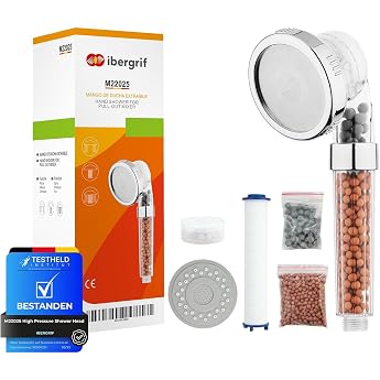 Ibergrif High Pressure Shower Head with Filter 3 Jet Types Anti-Limescale