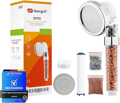 Ibergrif High Pressure Shower Head Filter 3-Stage Hard Water 3 Modes | High-Density Filtration Water Saving Showerhead Extra Filter Included for Healthier Skin & Hair