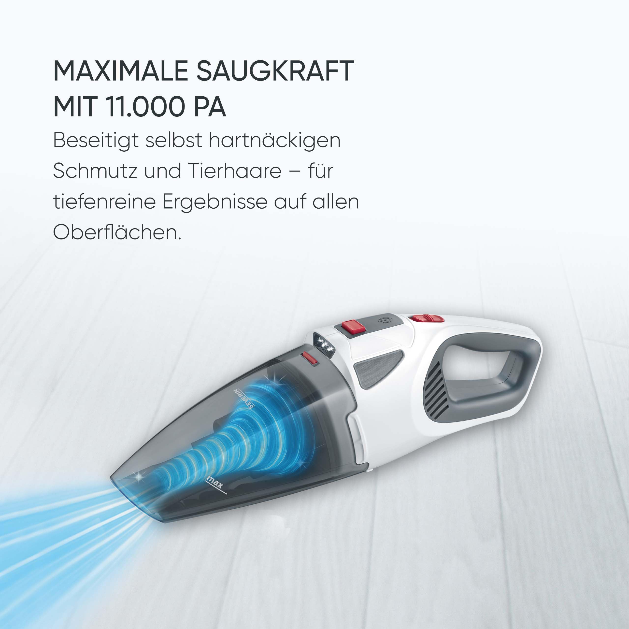 Severin 4-in-1 Akku-Handstaubsauger, kabelloser Nass- & Trockensauger für Autositze, Handsauger für Tierhaare & Flüssigkeiten, bis zu 30 Min Laufzeit im Eco-Mode, weiß-graurot, HV 7146