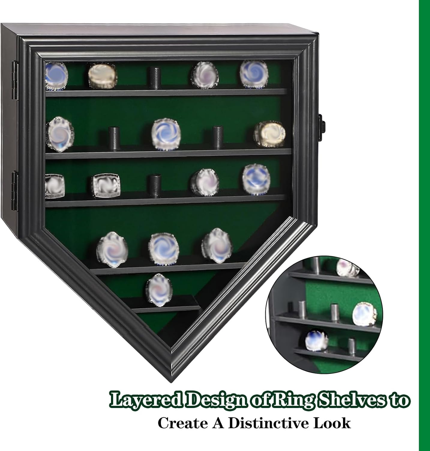 Grintus Championship Ring Display Case,19 Slots Baseball Ring Display Holder Case Wall Mount Wooden Trophy Ring Organizer Box with Lockable Real Glass Door for Collection Sports Champion Rings ,Black