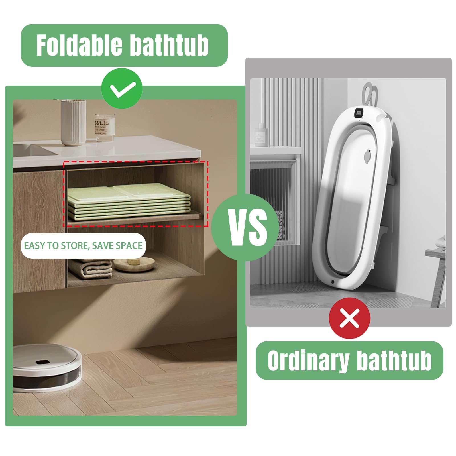 Vasca da bagno pieghevole, Vaschetta portatile per bambini – Salvaspazio e leggera, Con tappo di scarico, Vasca multifunzione per bambini 0-8 anni, Verde