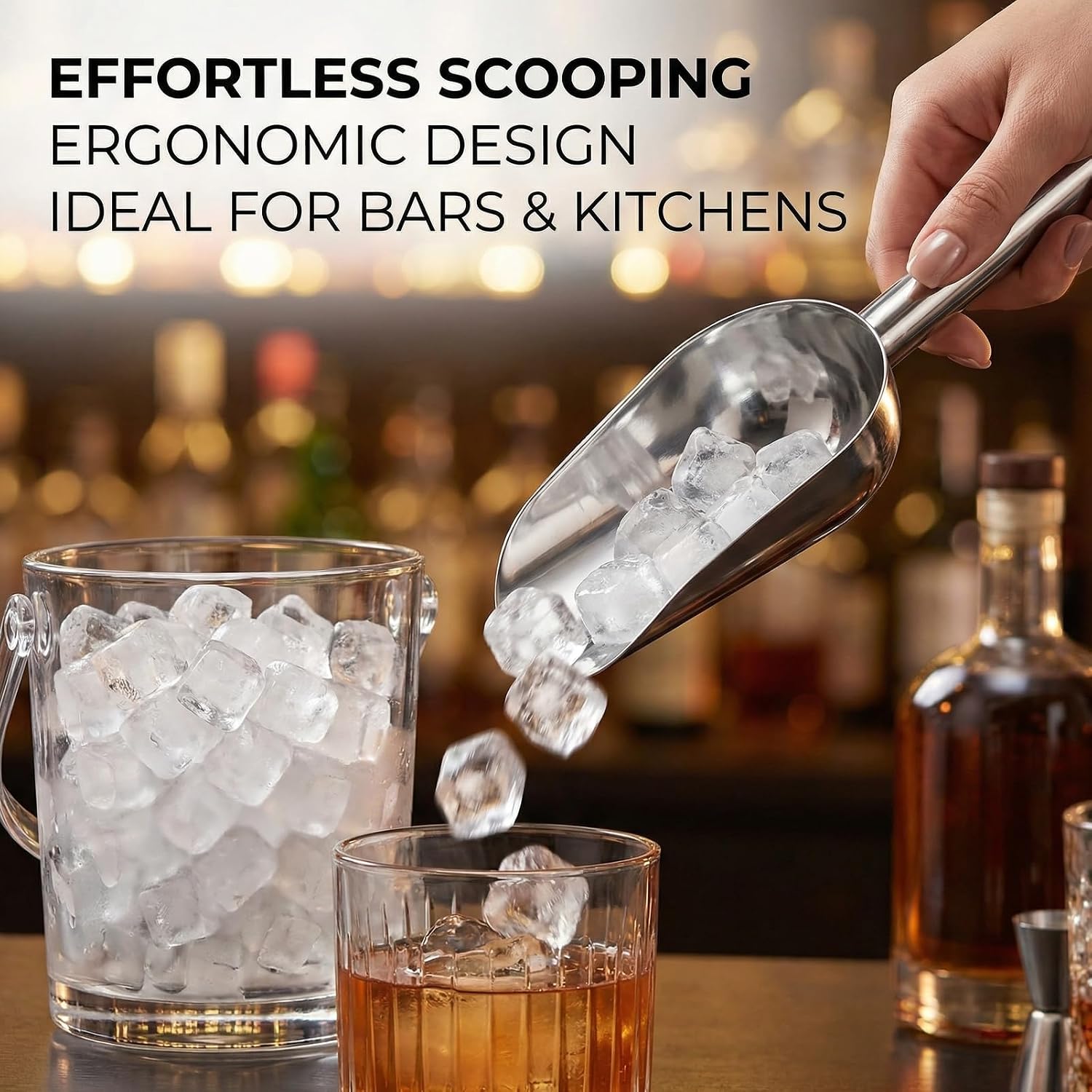 8 Oz Stainless Steel Ice Scoop with Metal Magnetic Hook, Multipurpose Kitchen Scooper for Ice Cubes, Pet Food, Dry Goods, Easy-Hang Design (Silver)