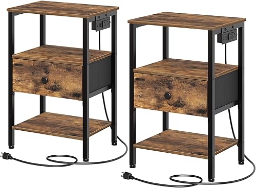 Juego de 2 mesitas de noche con estación de carga, mesa auxiliar con cajones de tela no tejida, mesa auxiliar con almacenamiento, mesita de noche