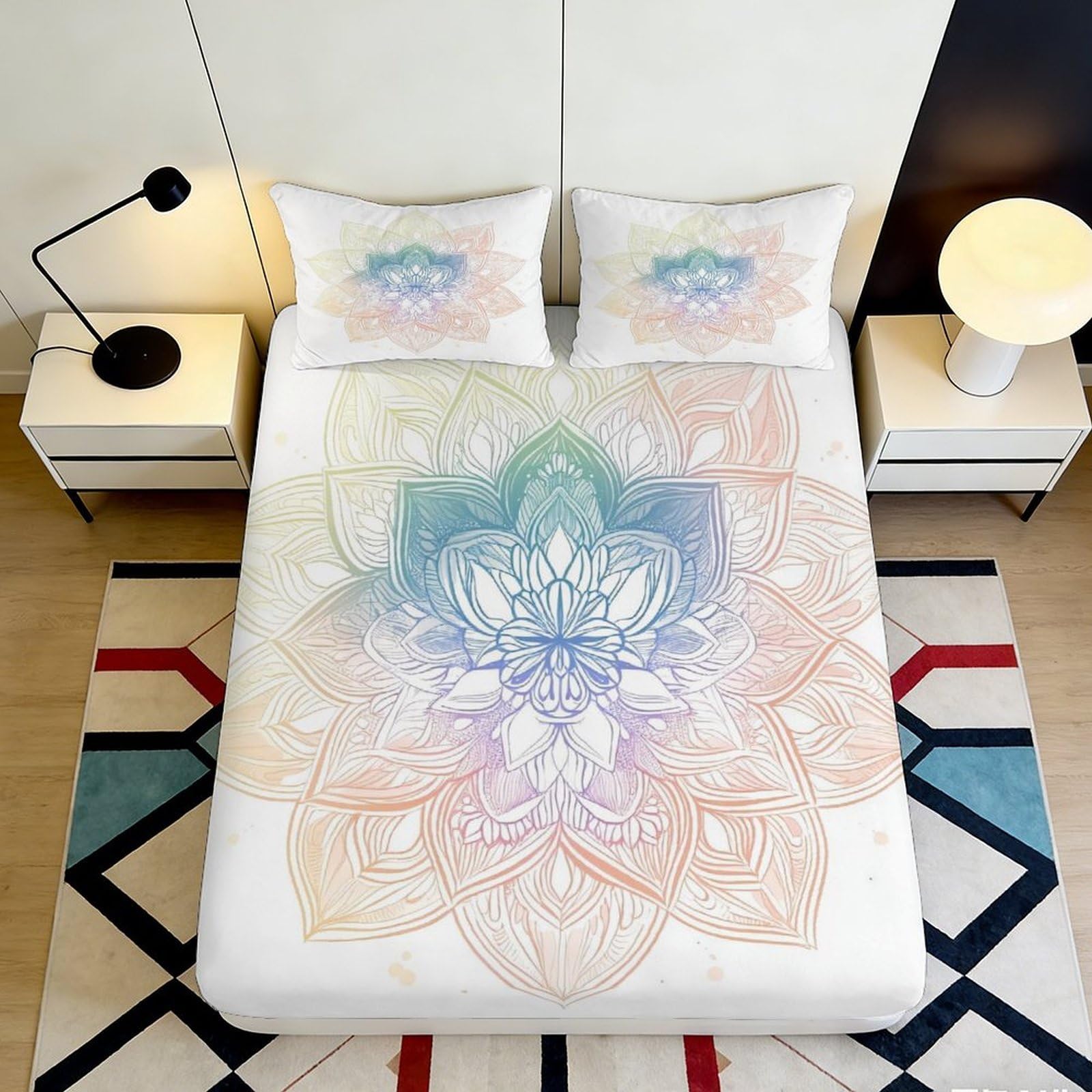 3D Printed Mandala Lotus Fitted Sheet Microfiber Soft Breathable Pastel Gradient Bed Cover for Bedroom Guestroom Mattress Protection 90x200x25cm