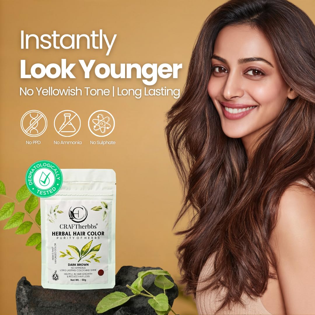 CRAFTherbbs Organic Dark Brown Beard & Hair Color | Natural and Healthy Shine | Dandruff Control, UV & Pollution Protection | For Unisex | Pack Of (1) (50g) 2