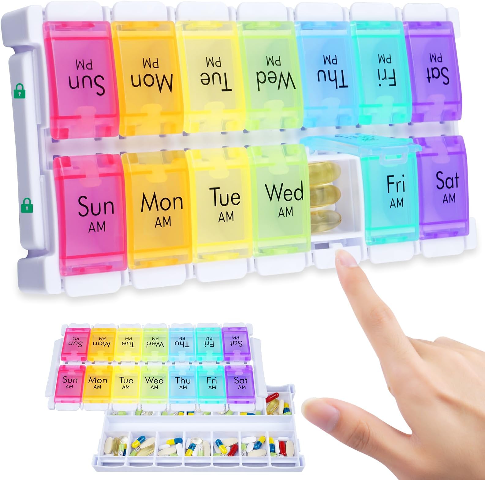 Weekly Pill Organiser 2 Times a Day, Easy Fill Large Pill Box 7 Day, Am Pm Medicine Organiser, Push Button Daily Pill Case for Vitamin, Fish Oil, Supplements