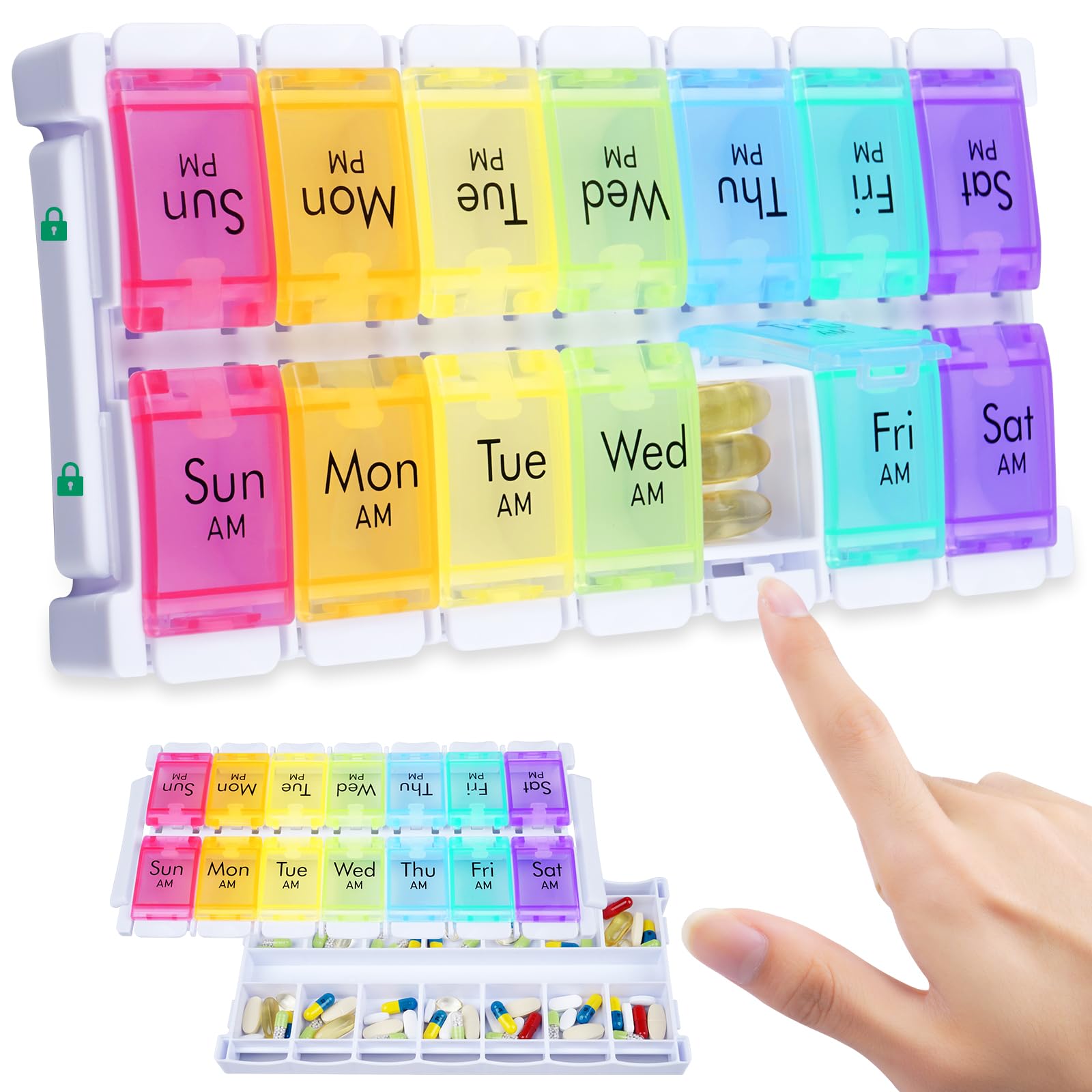 Weekly Pill Organiser 2 Times a Day, Easy Fill Large Pill Box 7 Day, Am Pm Medicine Organiser, Push Button Daily Pill Case for Vitamin, Fish Oil, Supplements