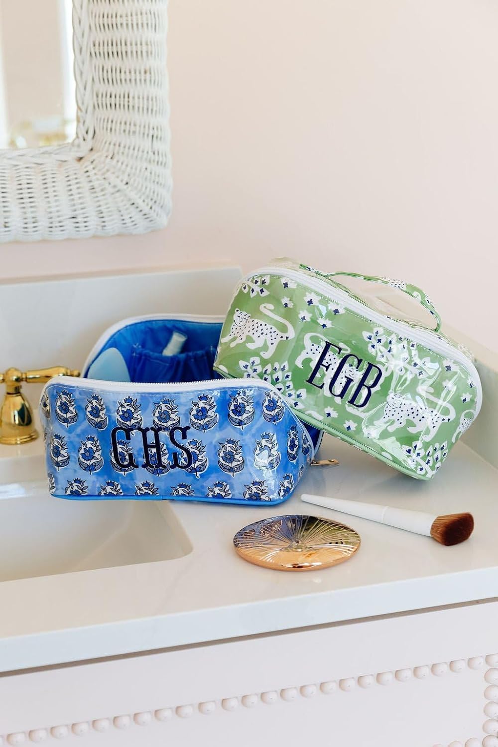Personalized Flat Lay Makeup Bag - Clear-Coated Embroidered Cosmetic Organizer, Monogrammed Wide-Open Travel Pouch with Easy-Access Interior, Handmade Gift for Women (Willow)