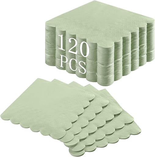 NatNarr 120 Pcs Cocktail Napkins Sage Green Disposable Dessert Beverage Napkin Scalloped Paper Napkin for Spring Wedding Bridal Baby Shower Anniversary Reception, 5 x 5 Inch