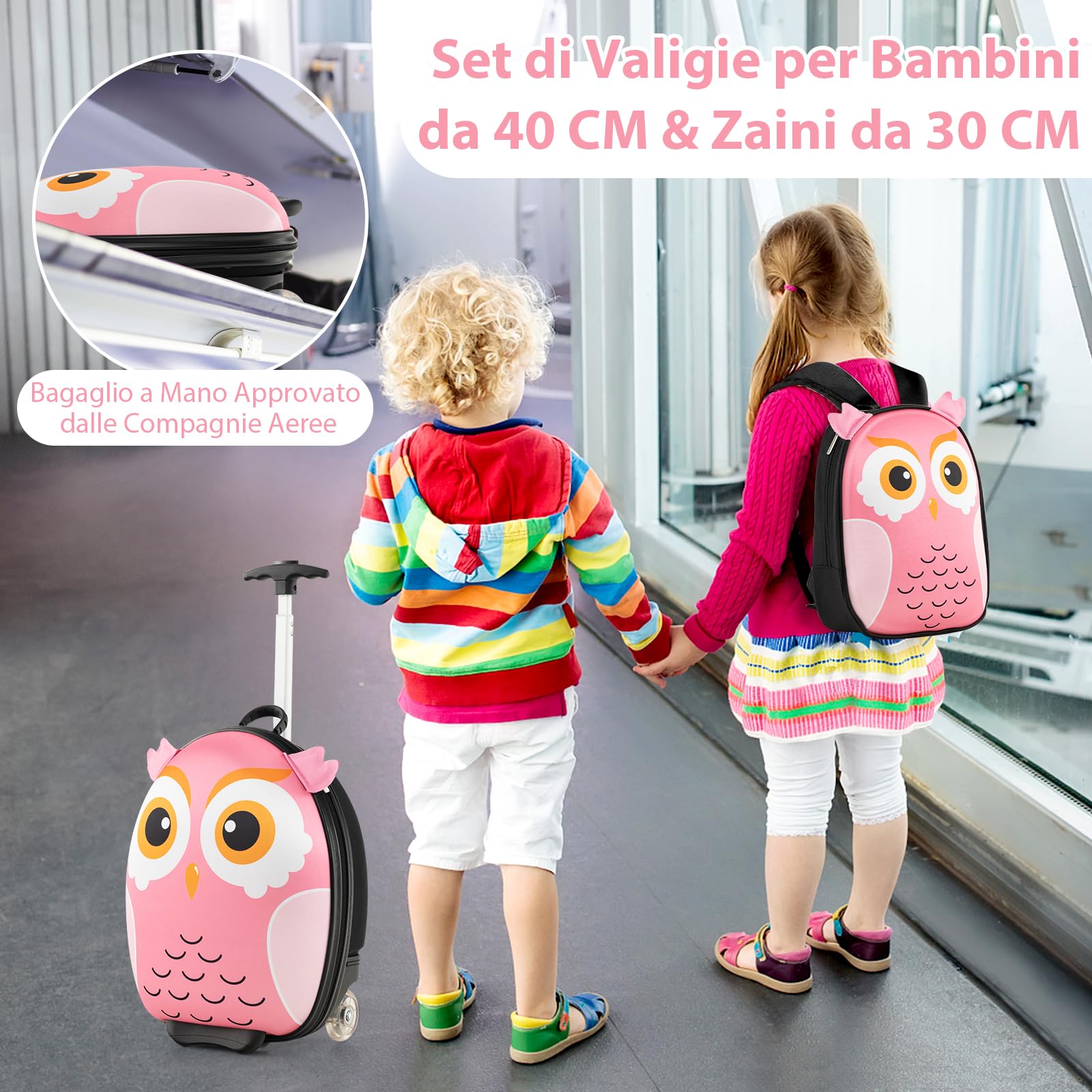 COSTWAY Set di Valigia per Bambini, 16" Valigia+ 12" Zaino, 2 Pezzi, con Ruote e Maniglia Retrattile, Ideale per Viaggiare in Modo Comodo e Divertente (Modello 2)