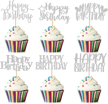 36Pcs Happy Birthday Cupcake Toppers Glitter Birthday Cake Pick Decorations for Birthday Party Anniversary Celebration, Silver