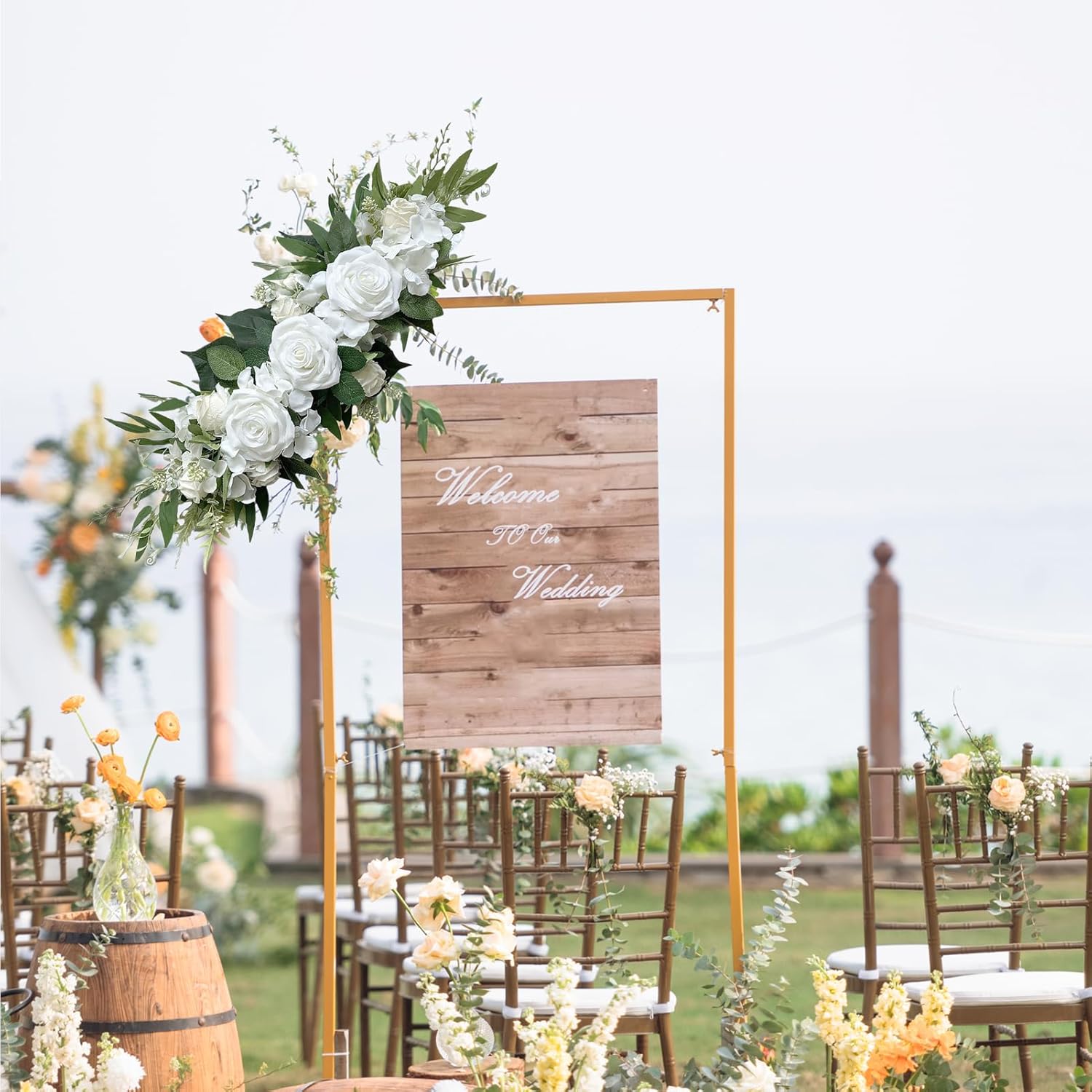 Artificial Flower Swag, 23.6inch Rustic Wedding Arch Flowers, Silk Rose Hydrangea Swag Arch Garland Lintel Floral Decoration with Green Leaves for Wedding Arch Front Door Wall (C)